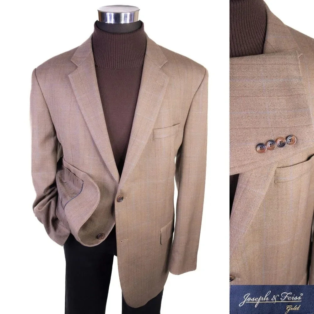 Joseph & Feiss Gold Blazer Mens 48R Beige 100% Wool Sport Coat Jacket Classic